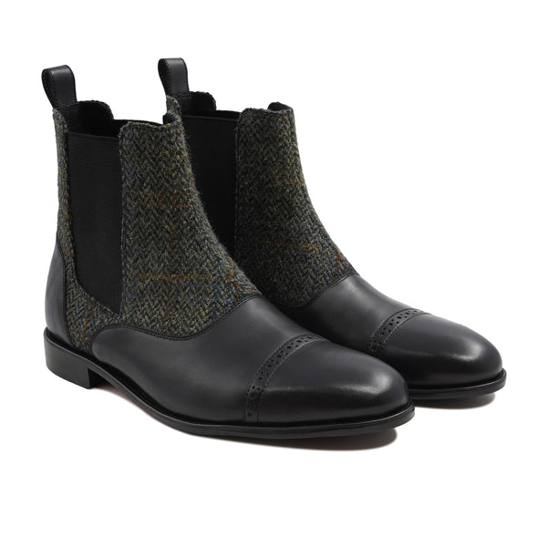 Kempty - Men's Black Calf Leather and Harris Tweed Chelsea Boot