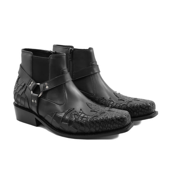 Eeklo GY - Men's Black Calf And Crocodile Printed Leather Jodhpur Boot