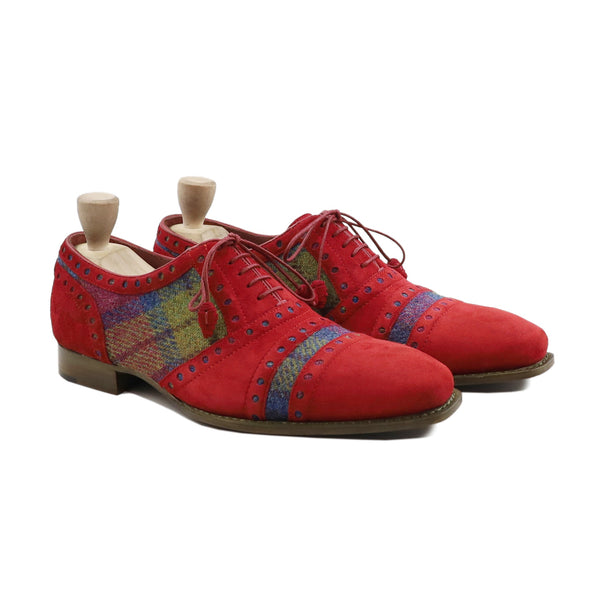 Marok Gy - Men's Red Kid Suede Leather and Harrish Tweed Oxford Shoe