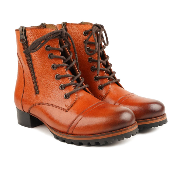 Sara - Ladies Orange Tan  Pebble Grain Leather Ankle Boot
