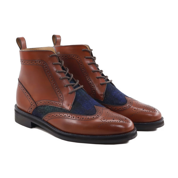 Tomi - Men's Brown Calf Leather and Harris Tweed Boot