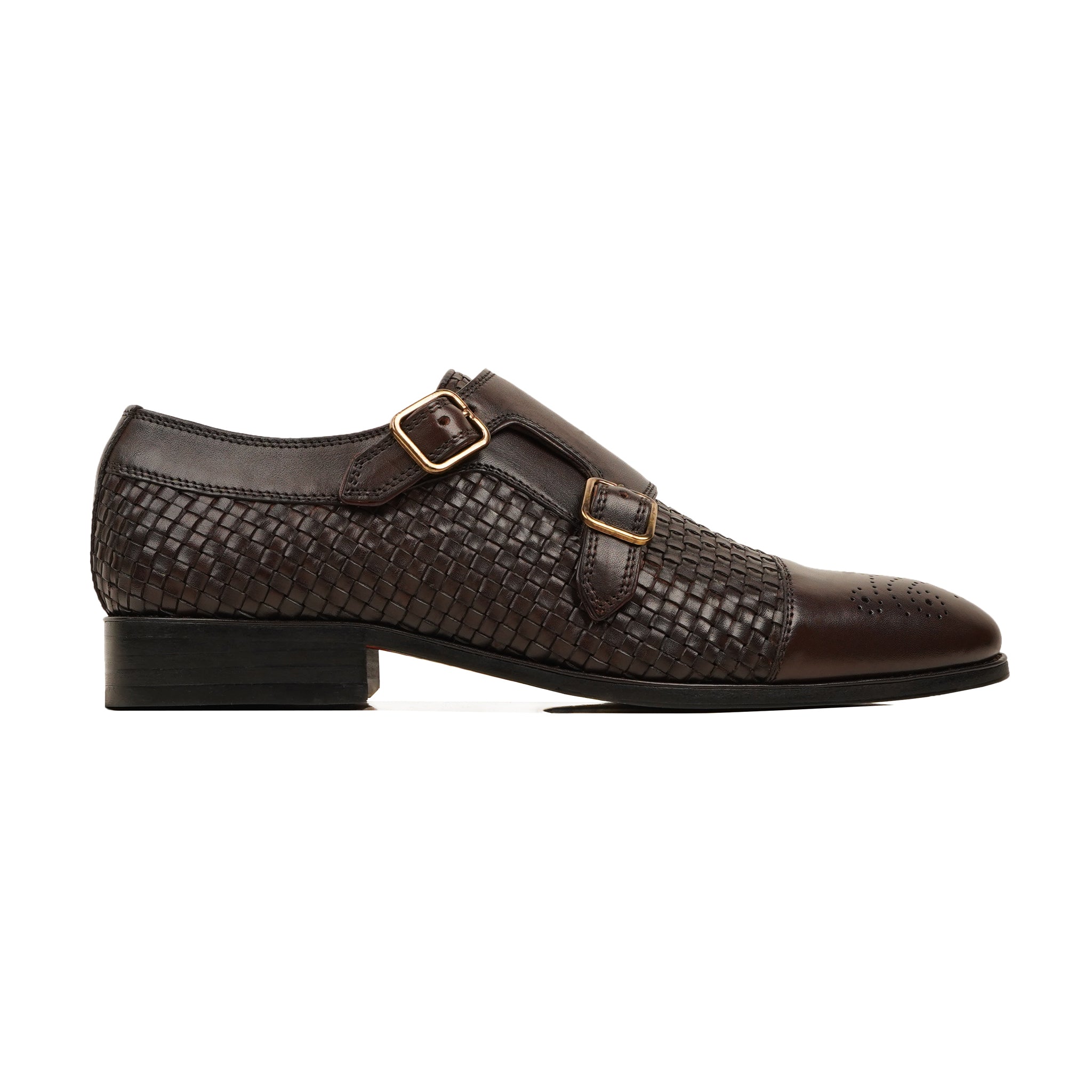 Hrastnik - Men's Dark Brown Calf and Hand Woven Leather Double Monkstrap