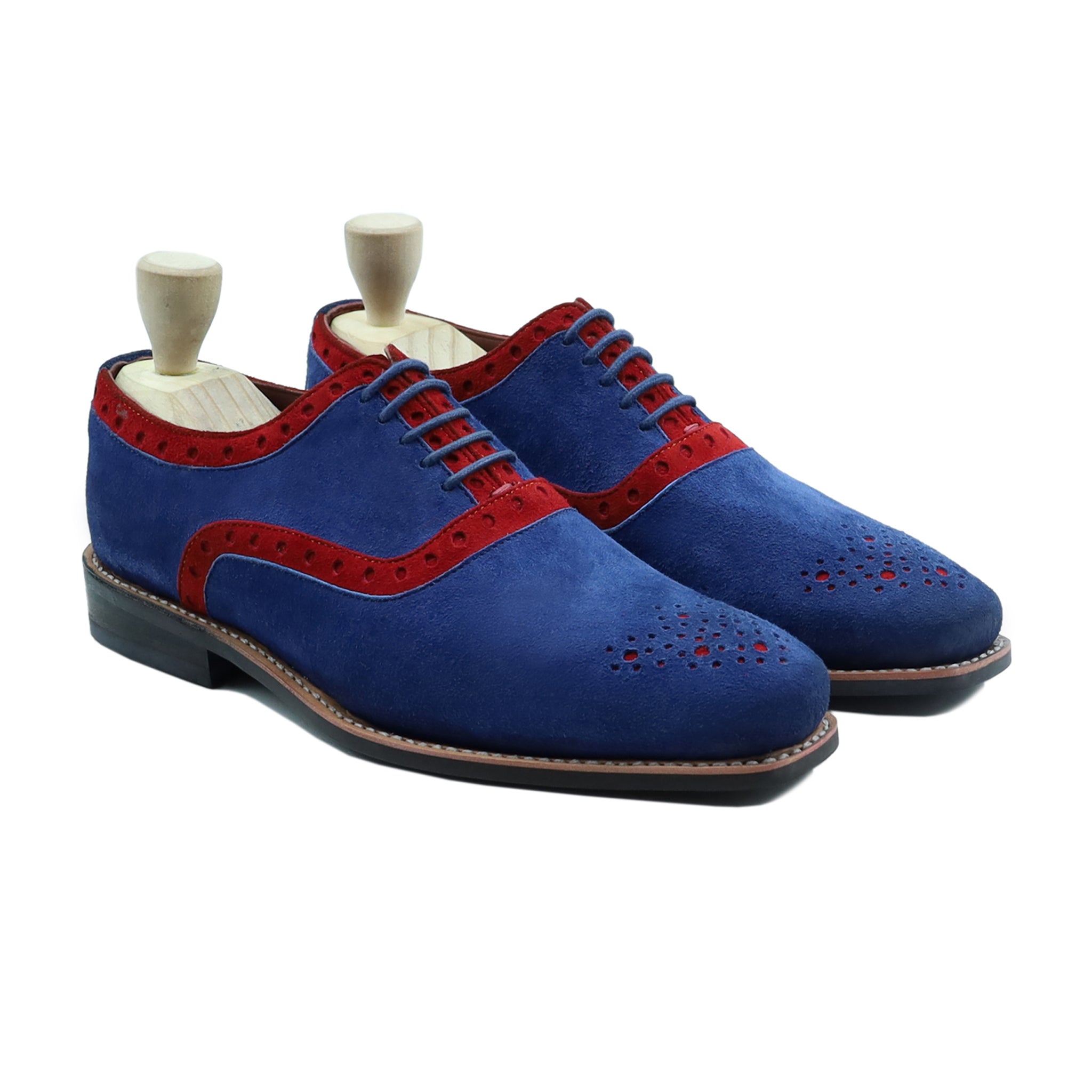 Qirdag - Men's Light Blue and Red Kid Suede Oxford Shoe