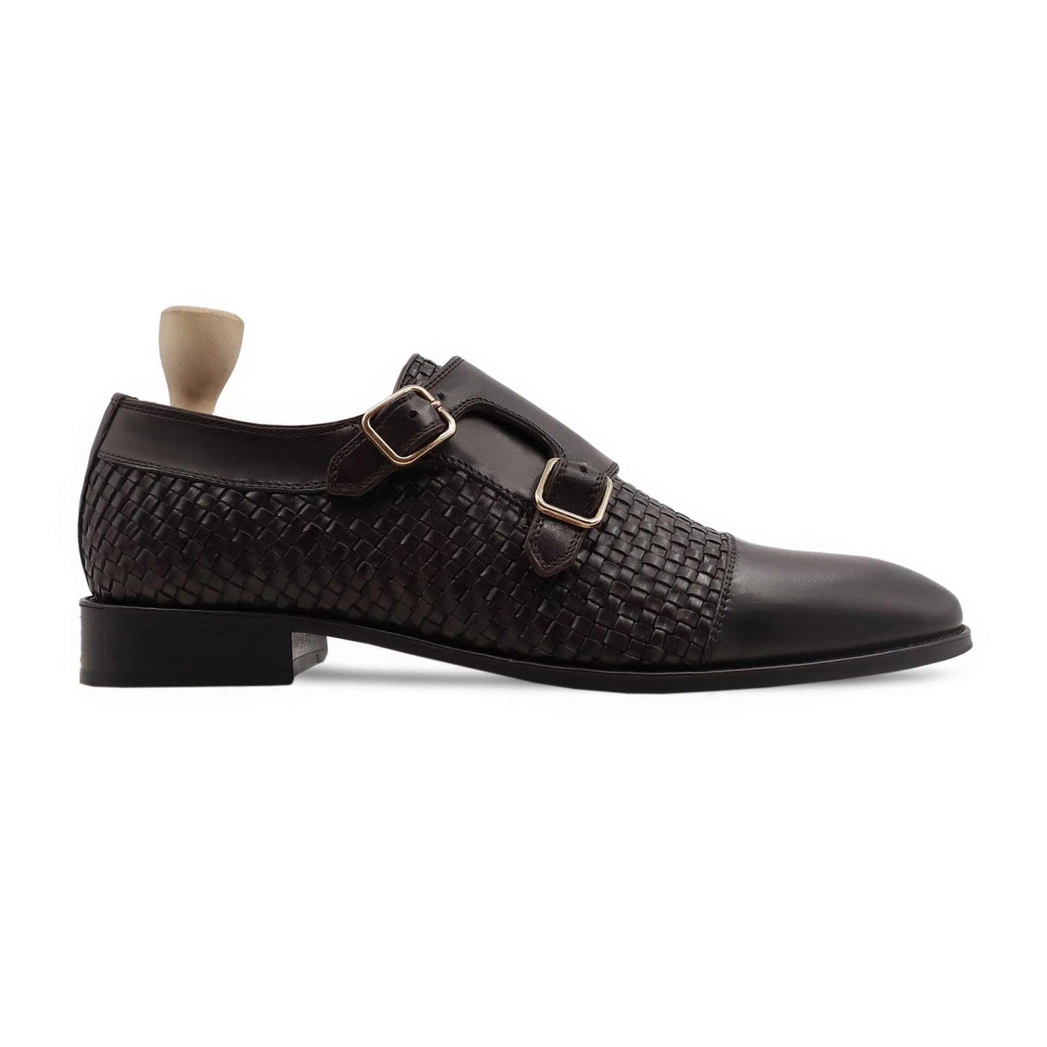 Inci - Men's Dark Brown Calf and Hand Woven Calf Leather Double Monkstrap