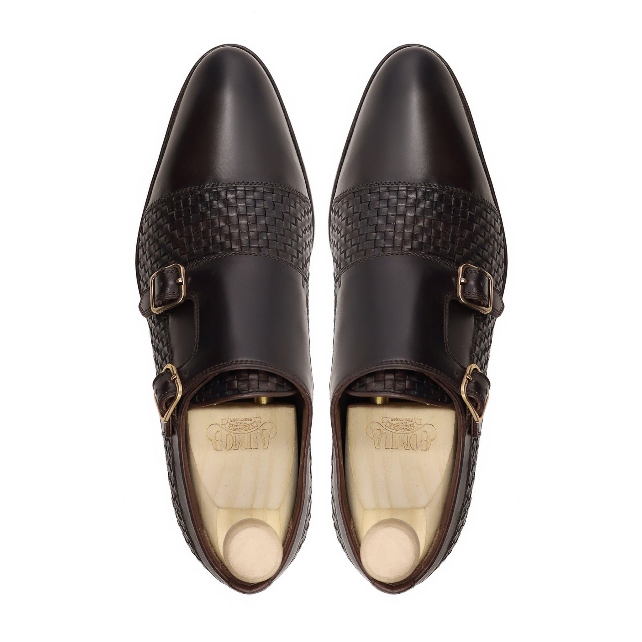 Inci - Men's Dark Brown Calf and Hand Woven Calf Leather Double Monkstrap