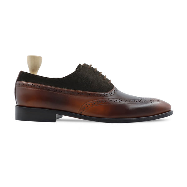 Norman - Men's Burnish Brown Calf Leather and Dark Brown Kid Suede Oxford Shoe