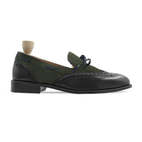 Dubnion - Men's Black Calf Leather and Olive Green Kid Suede Loafer