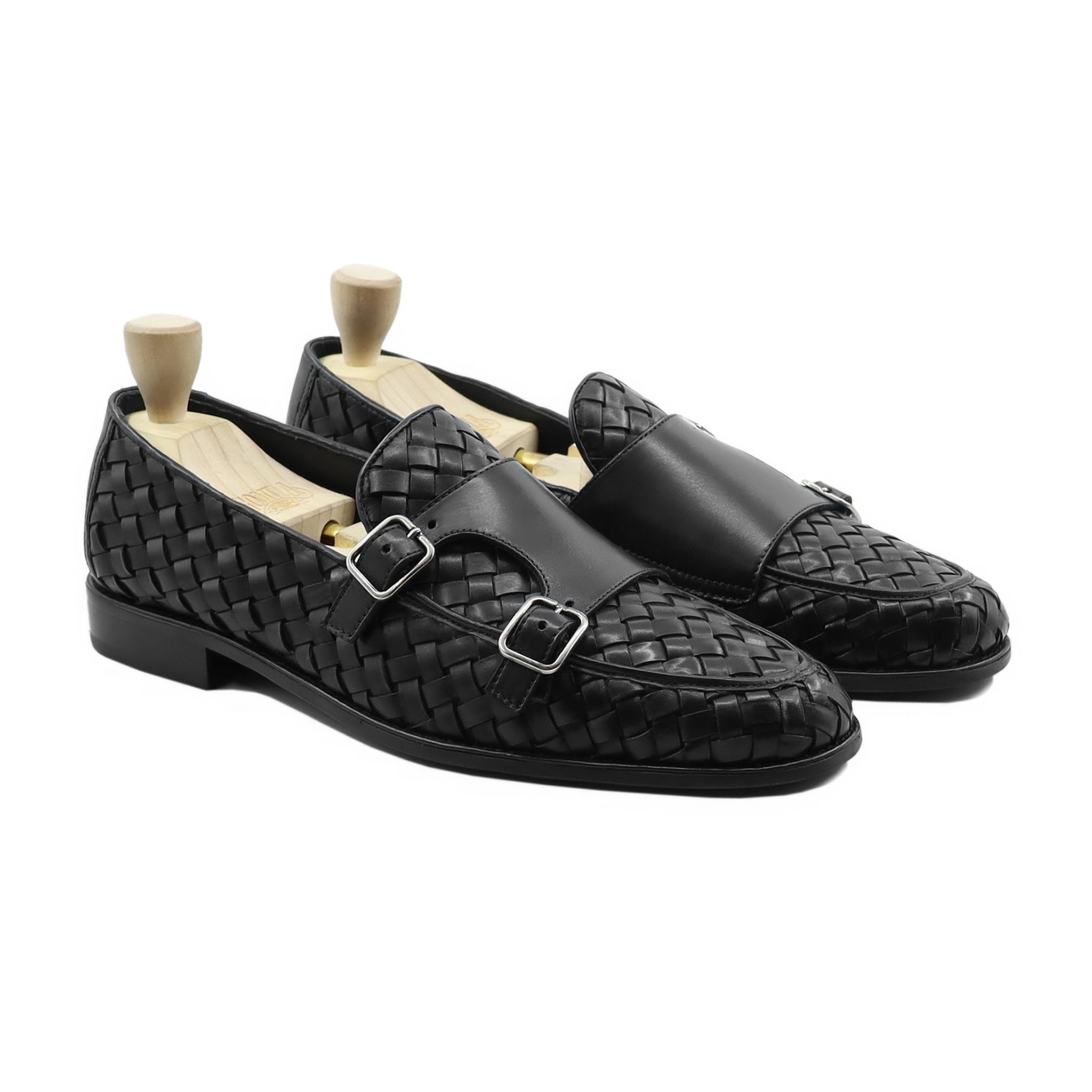 Malite - Men's Black Calf and Hand Woven Calf Leather Double Monkstrap