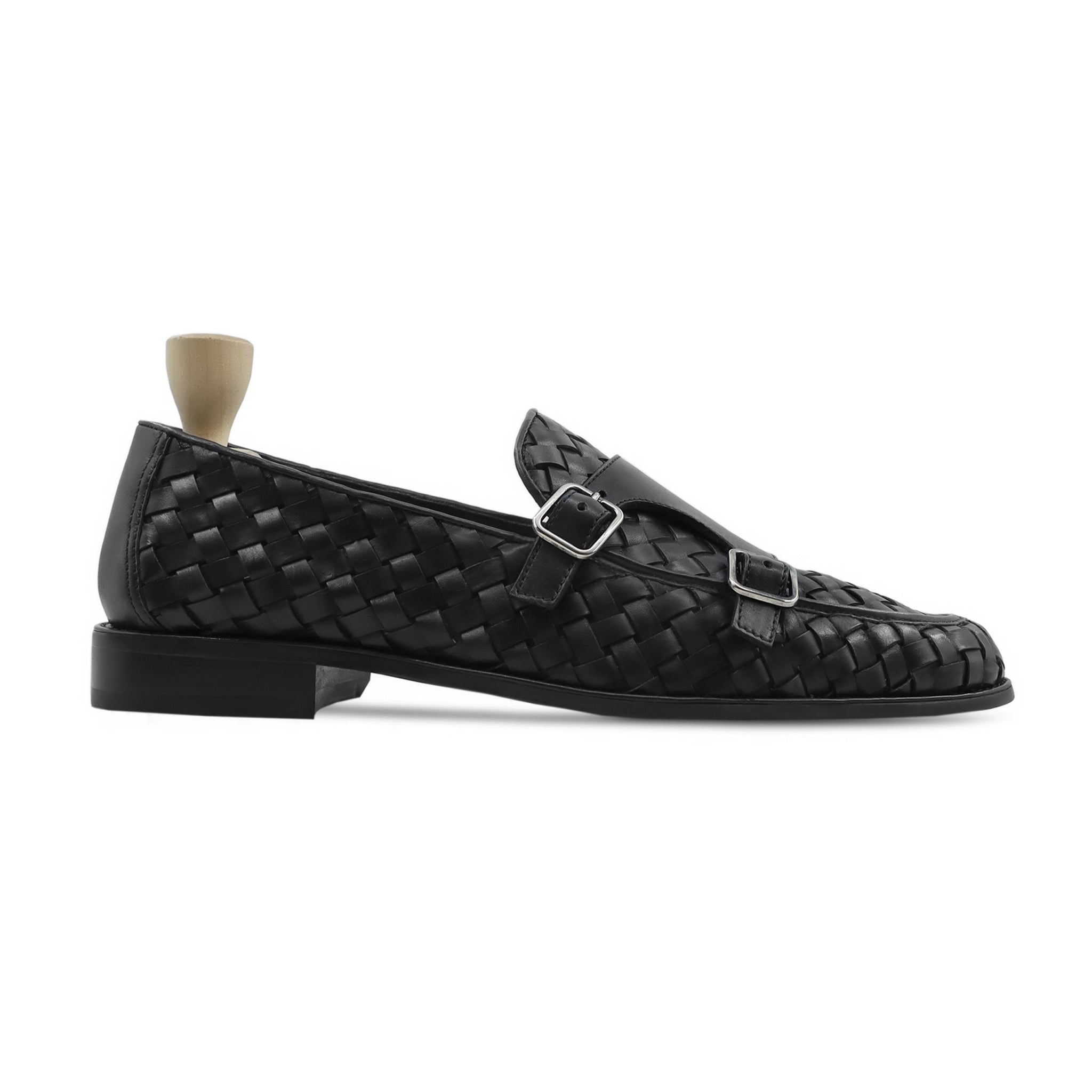 Malite - Men's Black Calf and Hand Woven Calf Leather Double Monkstrap