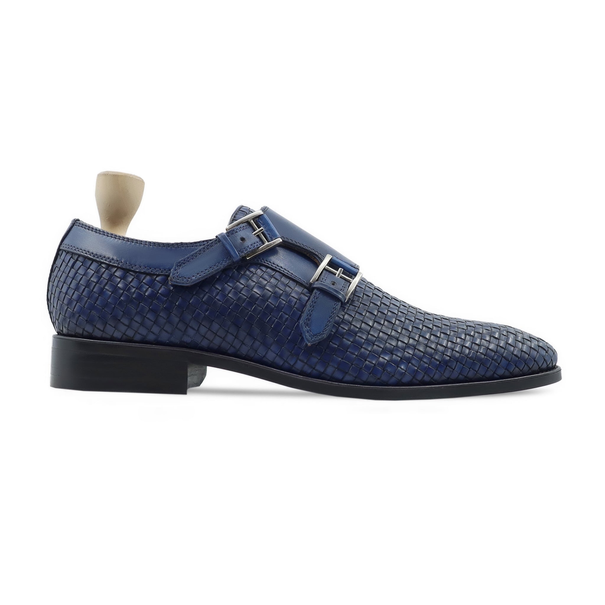 Zonite - Men's Blue Calf and Hand Woven Calf Leather Double Monkstrap