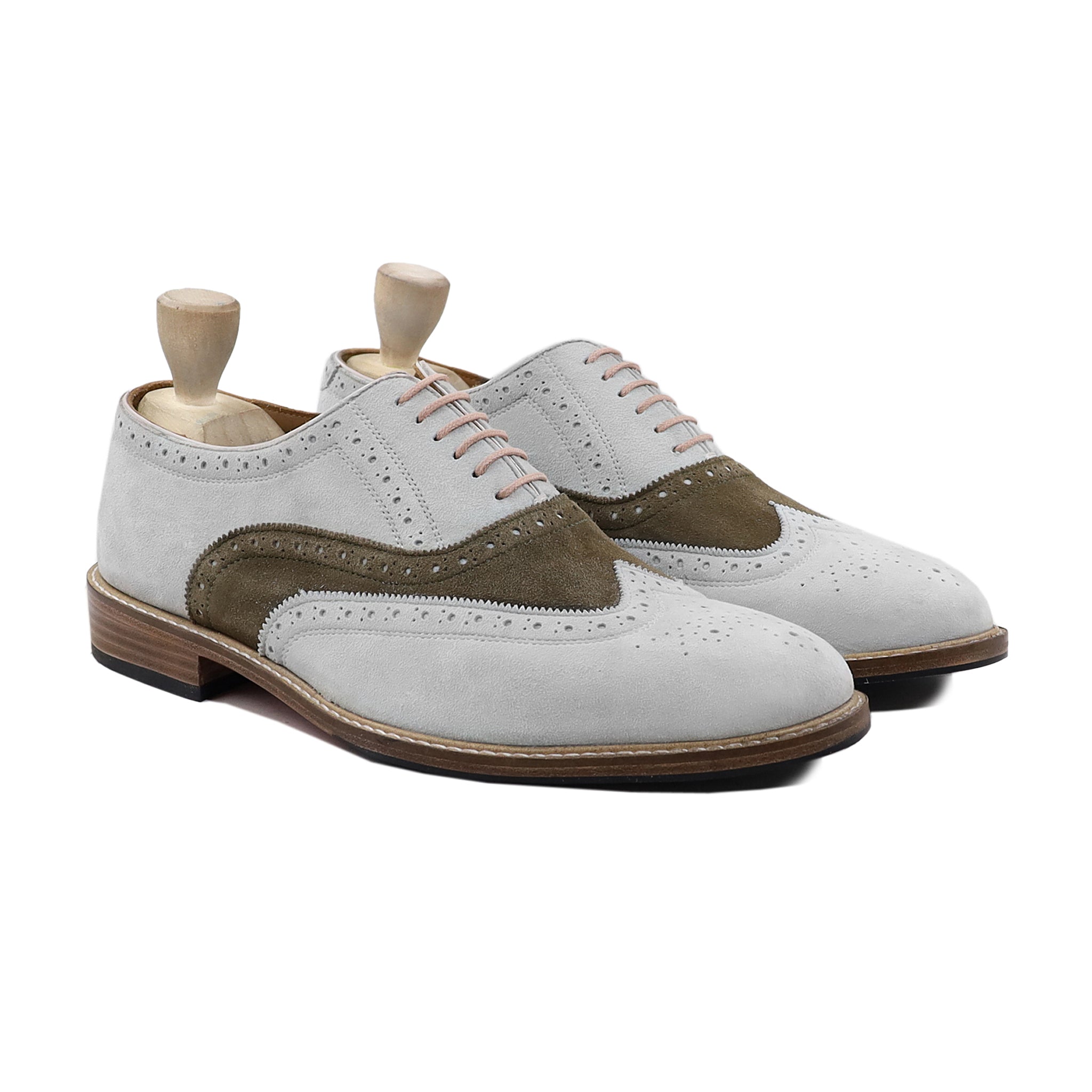 Anson - Men's White and Khaki Green Kid Suede Oxford Shoe