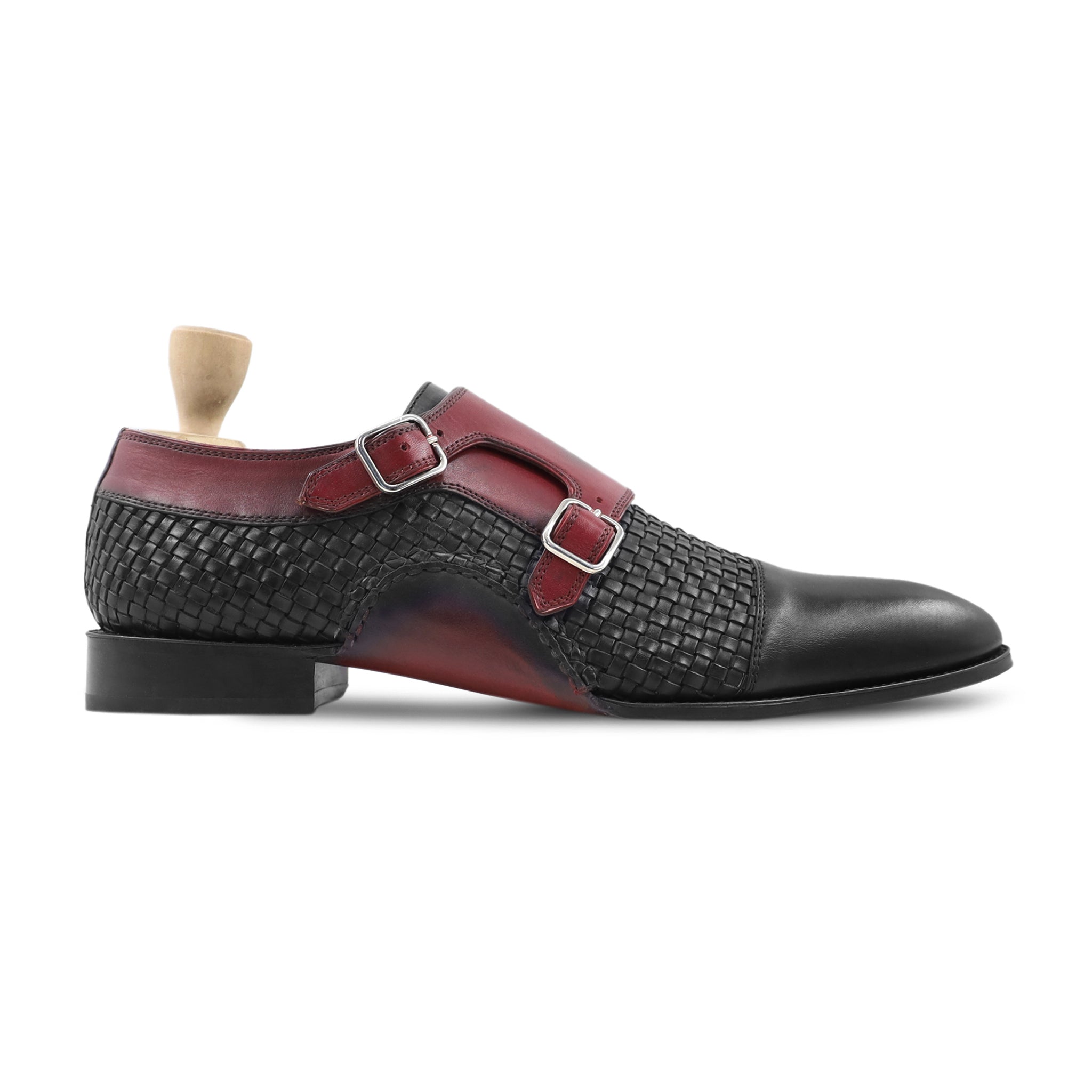 Upplands - Men's Oxblood Calf and Black Hand Woven Calf Double Monkstrap