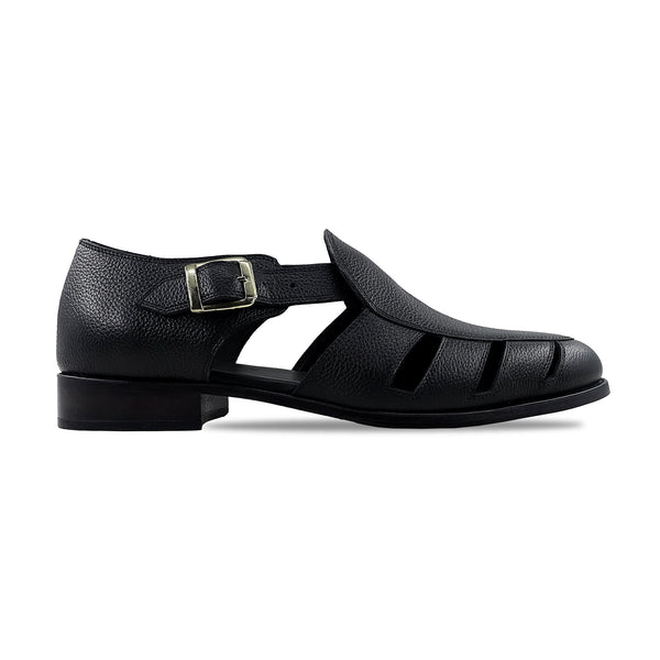 Pedri - Men's Black Pebble Grain Leather Sandal