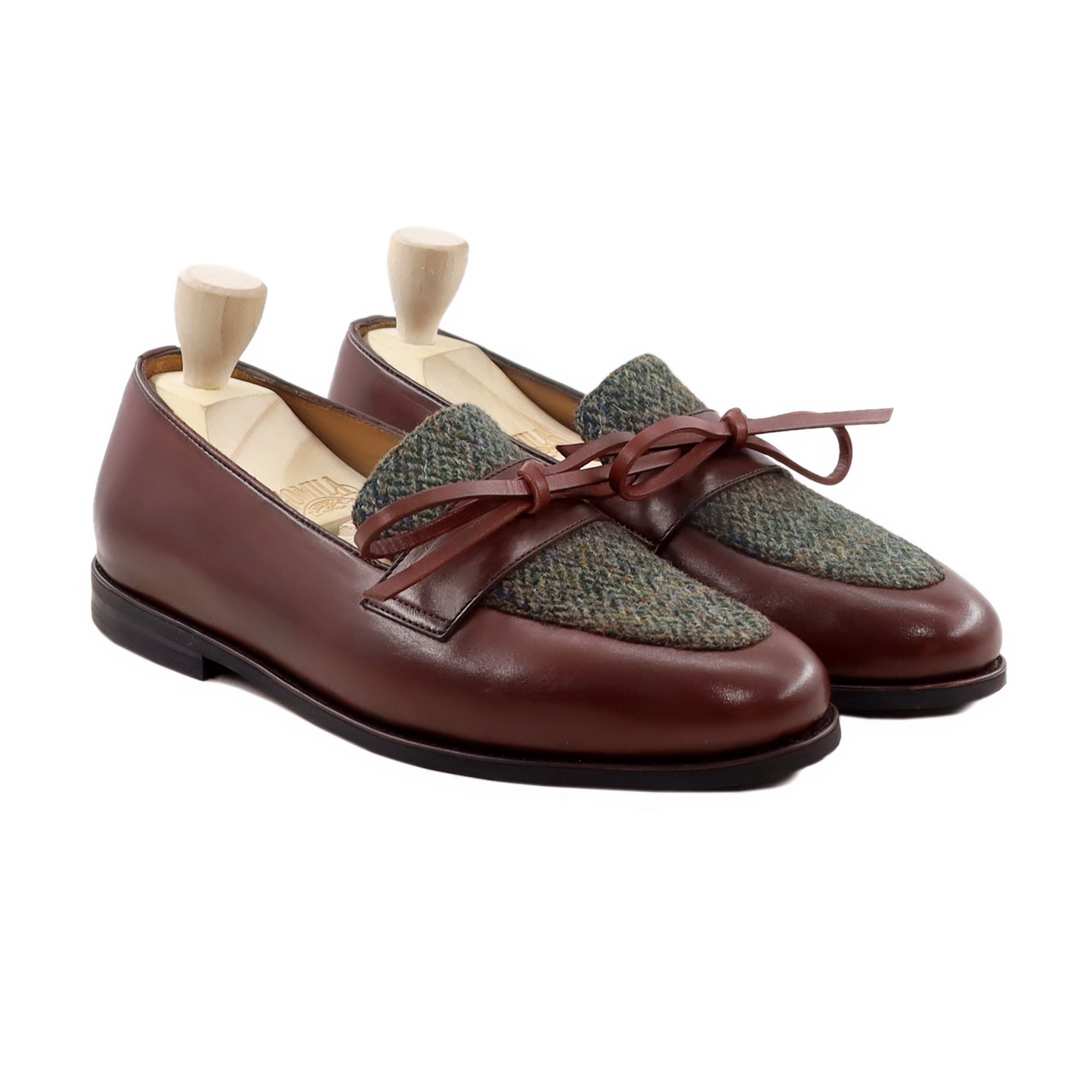 Kynda - Men's Reddish Brown Calf Leather and Harris Tweed Loafer