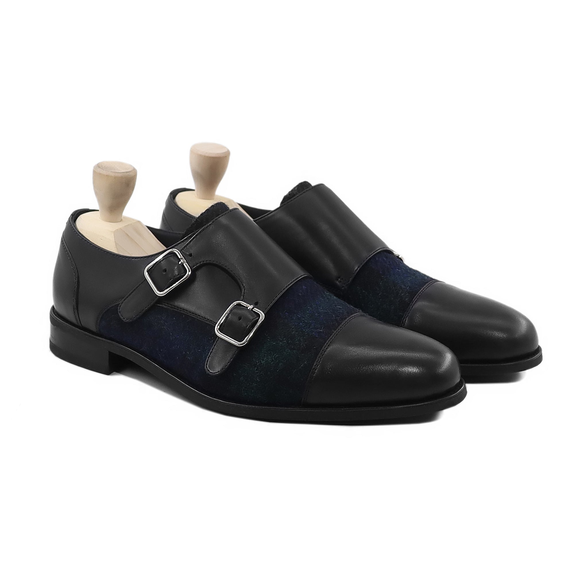 Tomio - Men's Black Calf Leather and Harris Tweed Double Monkstrap