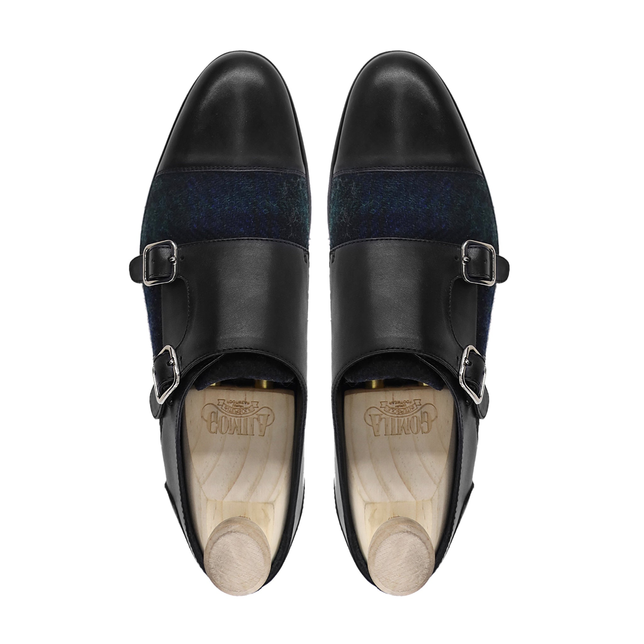 Tomio - Men's Black Calf Leather and Harris Tweed Double Monkstrap