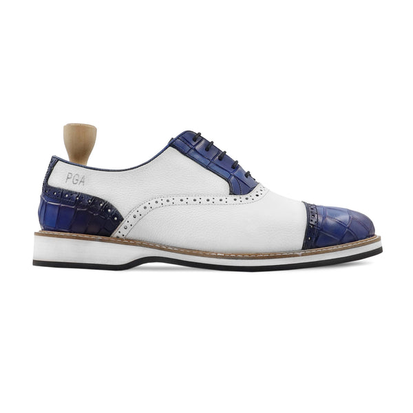 Trosa - Men's White Calf and Blue Printed Crocodile Printed Leather Oxford Shoe