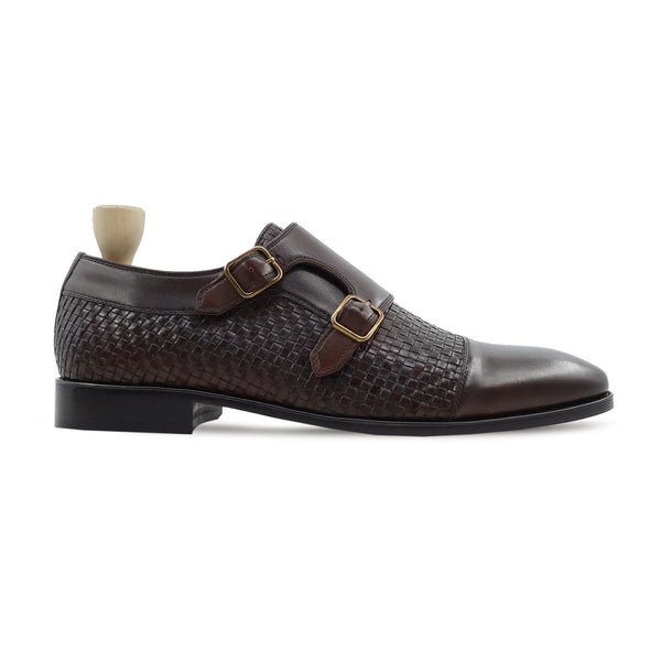 Alingsas - Men's Dark Brown Calf and Hand Woven Calf Leather Double Monkstrap